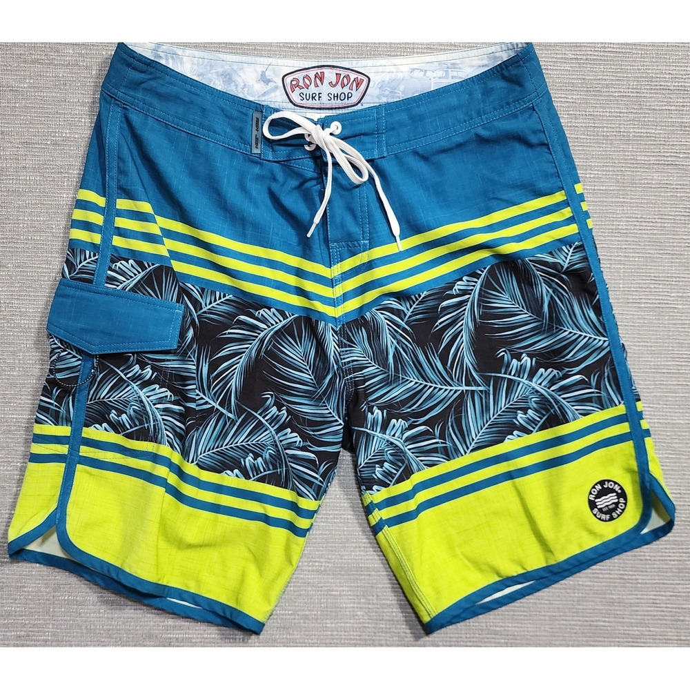 Ron Jon Surf Shop Mens Teal Lime‎ Green Palm Leaf Board Shorts Size 32